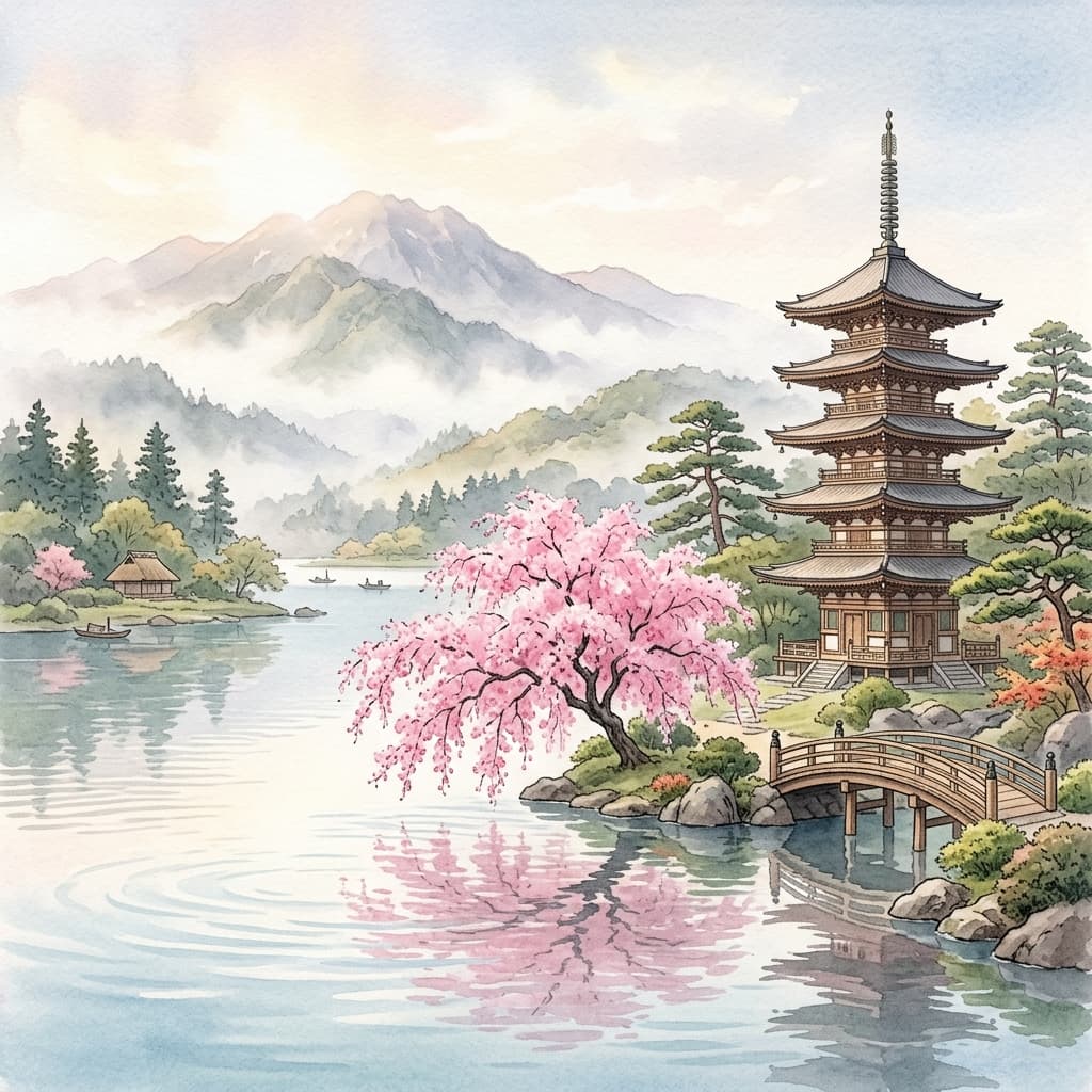 Traditional Japanese Pagoda Cherry Blossom Watercolor Painting